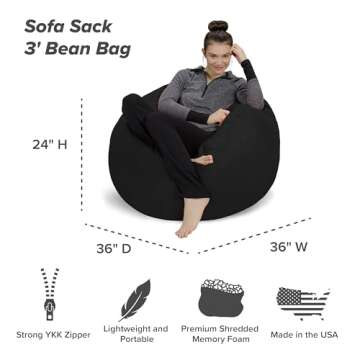 Sofa Sack Bean Bag Chair - Plush, Ultra Soft - Memory Foam Bean Bag Chair with Microsuede Cover - Stuffed Foam Filled Furniture and Accessories for Dorm Room 3 Feet - Black
