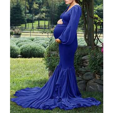 Saslax Long Chiffon Sleeve Tired Mermaid Maternity Dress for Photoshoot Photography Baby Shower Royal Blue Small