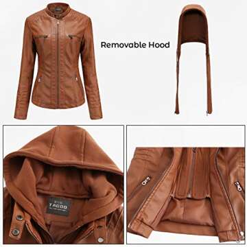 Tagoo Faux Leather Jacket Women Motorcycle Coat for Biker with Removable Hood Plus Size