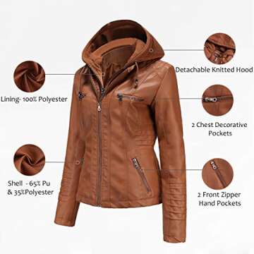 Tagoo Faux Leather Jacket Women Motorcycle Coat for Biker with Removable Hood Plus Size