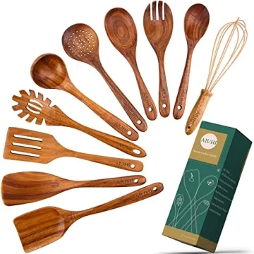 10 Pack Wooden Spoons for Cooking, Teak Wood Kitchen Utensils Set for Non Stick Use, Spatula Set for...