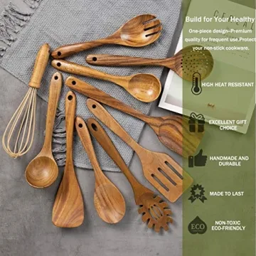 10 Pack Wooden Utensils for Cooking and Baking - Teak Quality