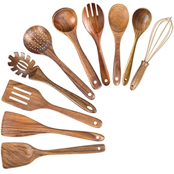 10 Pack Wooden Utensils for Cooking and Baking - Teak Quality