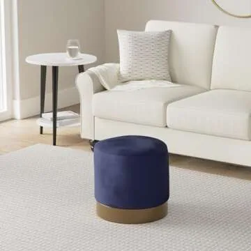Cortesi Home Sheppe Cylindrical Ottoman - Blue Velvet with Gold Base, 18"
