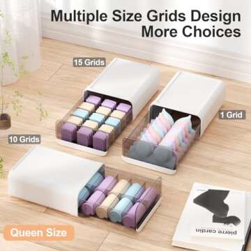 Miaocona Underwear Organizer Drawer, 15 Cells Plastic Sock Underwear Storage Drawer, Stackable Closet Organizers and Storage Box for Bras, Socks, Scarves, Ties, Belt (Queen Size-White, 1 Pcs)