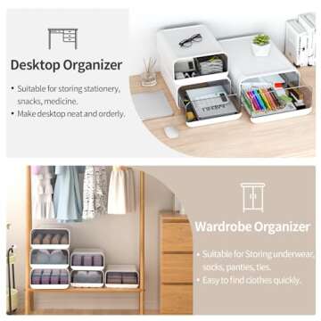 Miaocona Underwear Organizer Drawer, 15 Cells Plastic Sock Underwear Storage Drawer, Stackable Closet Organizers and Storage Box for Bras, Socks, Scarves, Ties, Belt (Queen Size-White, 1 Pcs)