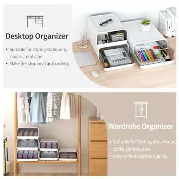 Miaocona Underwear Organizer Drawer, 15 Cells Plastic Sock Underwear Storage Drawer, Stackable Closet Organizers and Storage Box for Bras, Socks, Scarves, Ties, Belt (Queen Size-White, 1 Pcs)