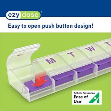 EZY DOSE Weekly (7-Day) Pill Case, Medicine Planner, Vitamin Organizer Box, X-Large Push-Button Comp...