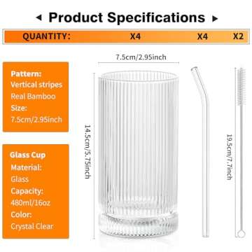 KEMORELA Vintage Ribbed Glassware Set, 16oz XL Drinking Glasses With Straws, Ribbed Glassware Set of...