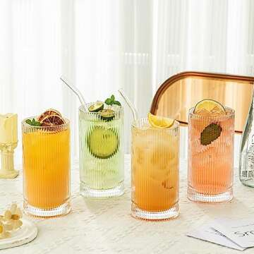 KEMORELA Vintage Ribbed Glassware Set, 16oz XL Drinking Glasses With Straws, Ribbed Glassware Set of 4, Glass Cups, Iced Coffee Cups Ideal for Whiskey, Cocktail, Iced Coffee, Juice, Beer, Soda