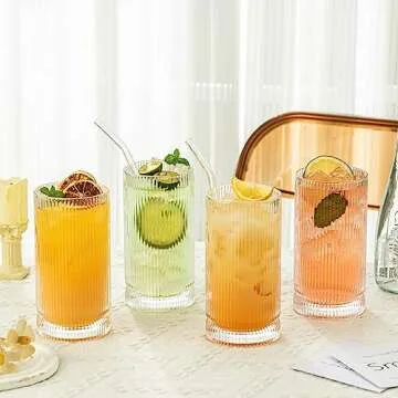 KEMORELA Vintage Ribbed Glassware Set, 16oz XL Drinking Glasses With Straws, Ribbed Glassware Set of 4, Glass Cups, Iced Coffee Cups Ideal for Whiskey, Cocktail, Iced Coffee, Juice, Beer, Soda