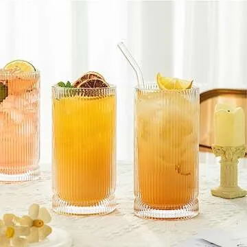 KEMORELA Vintage Ribbed Glassware Set, 16oz XL Drinking Glasses With Straws, Ribbed Glassware Set of 4, Glass Cups, Iced Coffee Cups Ideal for Whiskey, Cocktail, Iced Coffee, Juice, Beer, Soda