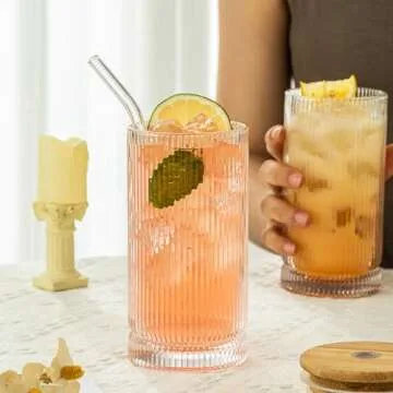 KEMORELA Vintage Ribbed Glassware Set, 16oz XL Drinking Glasses With Straws, Ribbed Glassware Set of 4, Glass Cups, Iced Coffee Cups Ideal for Whiskey, Cocktail, Iced Coffee, Juice, Beer, Soda