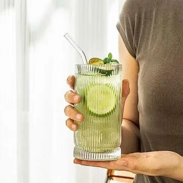 KEMORELA Vintage Ribbed Glassware Set, 16oz XL Drinking Glasses With Straws, Ribbed Glassware Set of 4, Glass Cups, Iced Coffee Cups Ideal for Whiskey, Cocktail, Iced Coffee, Juice, Beer, Soda