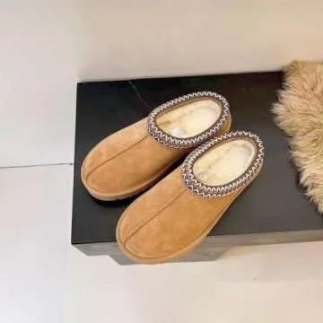 Women's Slipper Slip On For Women Suede Leather Indoor/Outdoor Comfy Fur Fleece Lined Short Mini Boot Tasman Slippers Chestnut 7.5-8