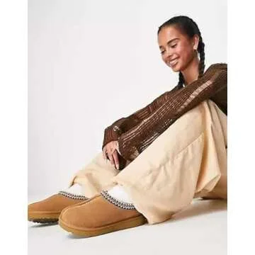 Women's Slipper Slip On For Women Suede Leather Indoor/Outdoor Comfy Fur Fleece Lined Short Mini Boot Tasman Slippers Chestnut 7.5-8
