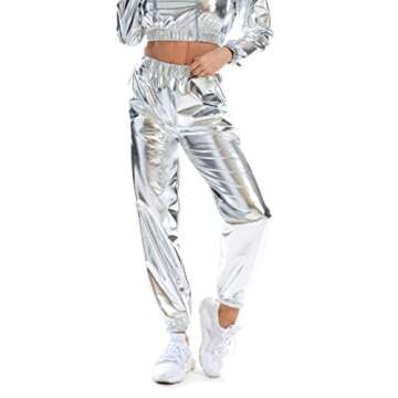 SIAEAMRG Womens Shiny Metallic High Waist Stretchy Jogger Pants, Wet Look Hip Hop Club Wear Holograp...