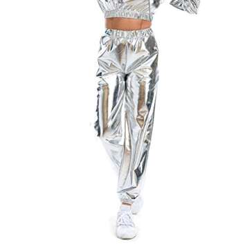 SIAEAMRG Womens Shiny Metallic High Waist Stretchy Jogger Pants, Wet Look Hip Hop Club Wear Holographic Trousers Sweatpant (White, M)
