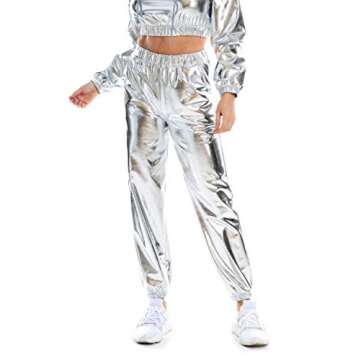 SIAEAMRG Womens Shiny Metallic High Waist Stretchy Jogger Pants, Wet Look Hip Hop Club Wear Holographic Trousers Sweatpant (White, M)