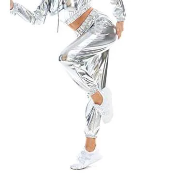 SIAEAMRG Womens Shiny Metallic High Waist Stretchy Jogger Pants, Wet Look Hip Hop Club Wear Holographic Trousers Sweatpant (White, M)