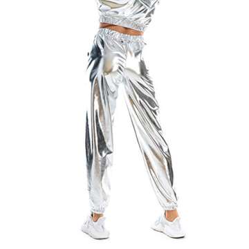 SIAEAMRG Womens Shiny Metallic High Waist Stretchy Jogger Pants, Wet Look Hip Hop Club Wear Holographic Trousers Sweatpant (White, M)