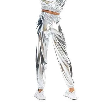 SIAEAMRG Womens Shiny Metallic High Waist Stretchy Jogger Pants, Wet Look Hip Hop Club Wear Holographic Trousers Sweatpant (White, M)