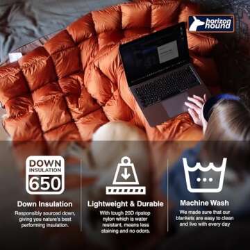 Horizon Hound GR-20 Down Camping Blanket - Outdoor Travel Quilt, Black | Insulated, Lightweight & Warm Gear for Sleep, Camping, Stadium, Hiking & Festivals | Water Resistant, Packable & Compact