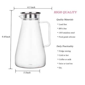 Purefold 68 Ounces Glass Pitcher with Lid, Hot/Cold Water Carafe with Handle, Home Kitchen Juice and Iced Tea Beverage Pitcher
