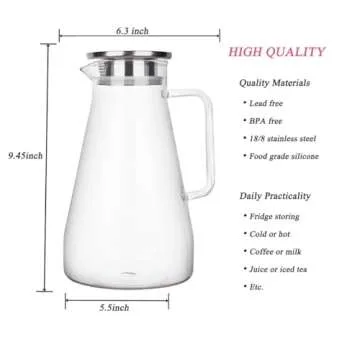 Purefold 68 Ounces Glass Pitcher with Lid, Hot/Cold Water Carafe with Handle, Home Kitchen Juice and Iced Tea Beverage Pitcher