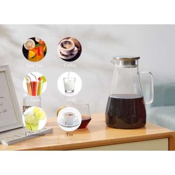 Purefold 68 Ounces Glass Pitcher with Lid, Hot/Cold Water Carafe with Handle, Home Kitchen Juice and Iced Tea Beverage Pitcher
