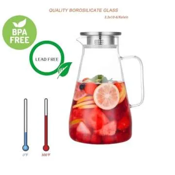Purefold 68 Ounces Glass Pitcher with Lid, Hot/Cold Water Carafe with Handle, Home Kitchen Juice and Iced Tea Beverage Pitcher