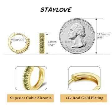 STAYLOVE Small Gold Hoop Earrings for Women 14K Real Gold Plated Mini Cartilage Hypoallergenic Green Cubic Zirconia Birthstone Gold Huggie Earrings for Women (August)