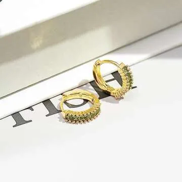 STAYLOVE Small Gold Hoop Earrings for Women 14K Real Gold Plated Mini Cartilage Hypoallergenic Green Cubic Zirconia Birthstone Gold Huggie Earrings for Women (August)