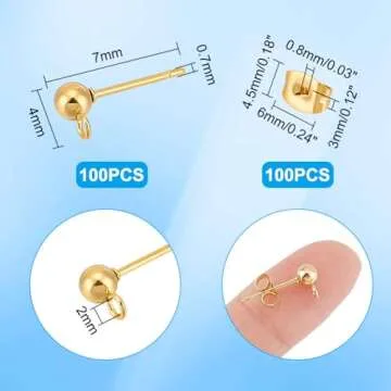 PH PandaHall 100pcs 24K Gold Plated Ball Post Earrings with Loop Stainless Steel Earring Studs with Ear Nuts Hypoallergenic Earring Findings for DIY Jewelry Making Findings 7x4mm
