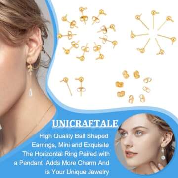 PH PandaHall 100pcs 24K Gold Plated Ball Post Earrings with Loop Stainless Steel Earring Studs with Ear Nuts Hypoallergenic Earring Findings for DIY Jewelry Making Findings 7x4mm