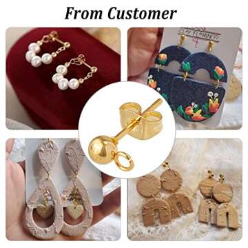 PH PandaHall 100pcs 24K Gold Plated Ball Post Earrings with Loop Stainless Steel Earring Studs with Ear Nuts Hypoallergenic Earring Findings for DIY Jewelry Making Findings 7x4mm