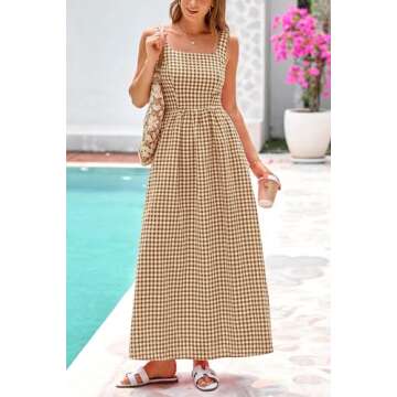 PRETTYGARDEN Women's Summer Spaghetti Strap Maxi Dresses Plaid Square Neck A Line Smocked Casual Vacation Long Sundress (Coffee,Medium)