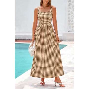 PRETTYGARDEN Women's Summer Spaghetti Strap Maxi Dresses Plaid Square Neck A Line Smocked Casual Vacation Long Sundress (Coffee,Medium)