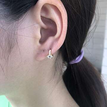 Blue Crystal Evil Eye Tiny Round Hoop Earrings Sterling Silver Small Huggie Hoops for Women (Gold)