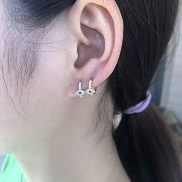 Blue Crystal Evil Eye Tiny Round Hoop Earrings Sterling Silver Small Huggie Hoops for Women (Gold)