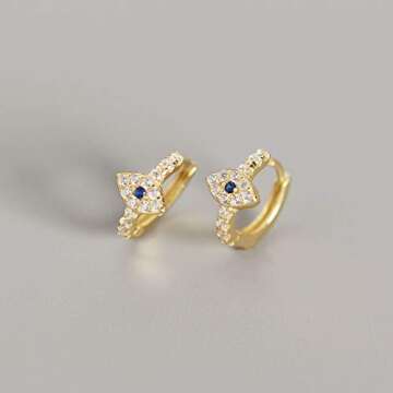 Blue Crystal Evil Eye Tiny Round Hoop Earrings Sterling Silver Small Huggie Hoops for Women (Gold)