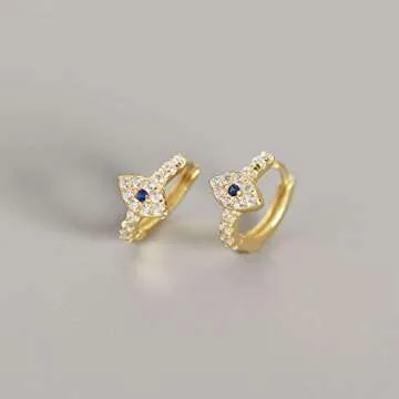 Blue Crystal Evil Eye Tiny Round Hoop Earrings Sterling Silver Small Huggie Hoops for Women (Gold)