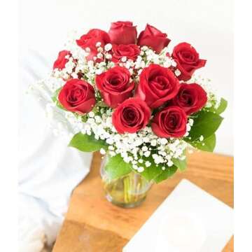 From You Flowers - One Dozen Long Stemmed Red Roses with Glass Vase (Fresh Flower Bouquets) Birthday, Anniversary, Valentine's Day, Get Well, Congratulations, Thank You, All Occasions