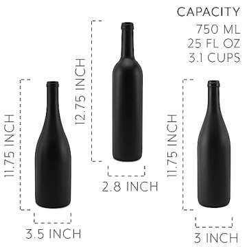 Cornucopia Brands Black Wine Bottles w/Corks (Set of 3); Black Matte Coated Glass Wine Bottles Various Sizes for Decor and Homemade Wine