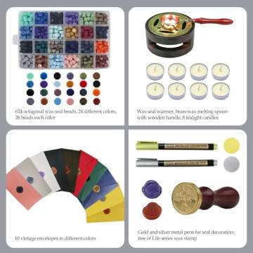 TRINIDa Wax Seal Kit, Wax Seal Stamp Kit with 24 Colors 624 Pcs Wax Seal Beads, Sealing Wax Warmer, Envelopes, Candles, Wax Stamp, Metallic Pen for Gift and Decoration