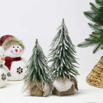 Senjie Artificial Mini Christmas Tree, 2 Pack Snow Flocked Table Xmas Tree with Burlap Base,Unique C...