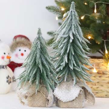 Senjie Artificial Mini Christmas Tree, 2 Pack Snow Flocked Table Xmas Tree with Burlap Base,Unique Christmas Decoration for Table