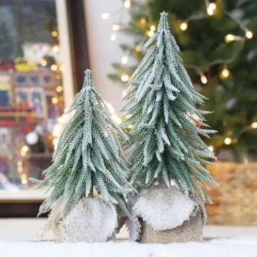Senjie Artificial Mini Christmas Tree, 2 Pack Snow Flocked Table Xmas Tree with Burlap Base,Unique Christmas Decoration for Table