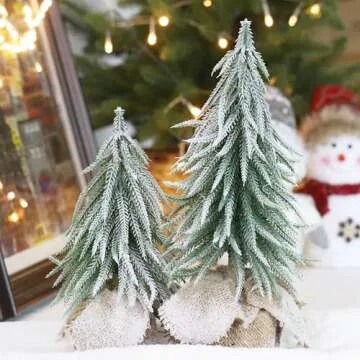 Senjie Artificial Mini Christmas Tree, 2 Pack Snow Flocked Table Xmas Tree with Burlap Base,Unique Christmas Decoration for Table