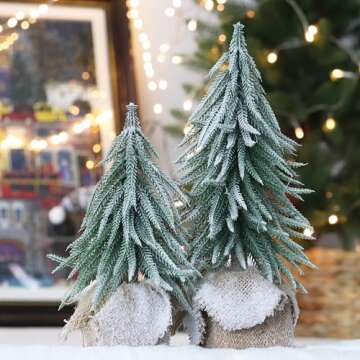 Senjie Artificial Mini Christmas Tree, 2 Pack Snow Flocked Table Xmas Tree with Burlap Base,Unique Christmas Decoration for Table
